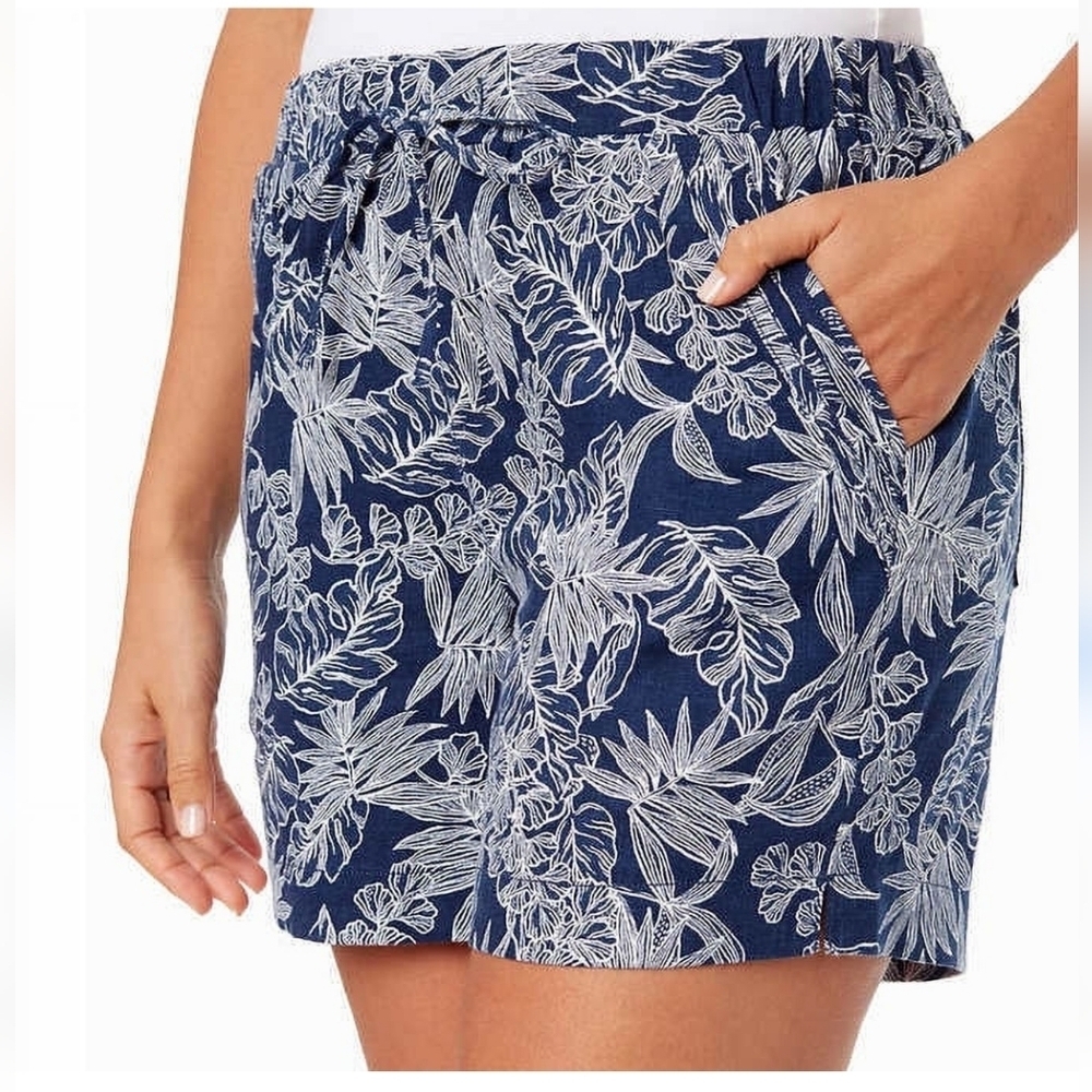 Briggs Blue Floral Casual Linen Blend Pull On Short size M